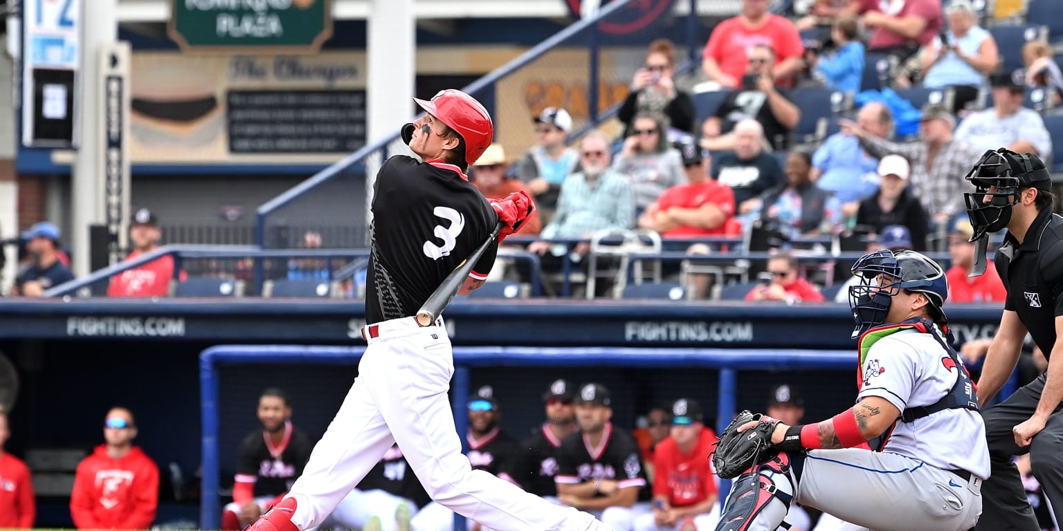 Binghamton Rumble Ponies Wyatt Young (3) hits a single during an