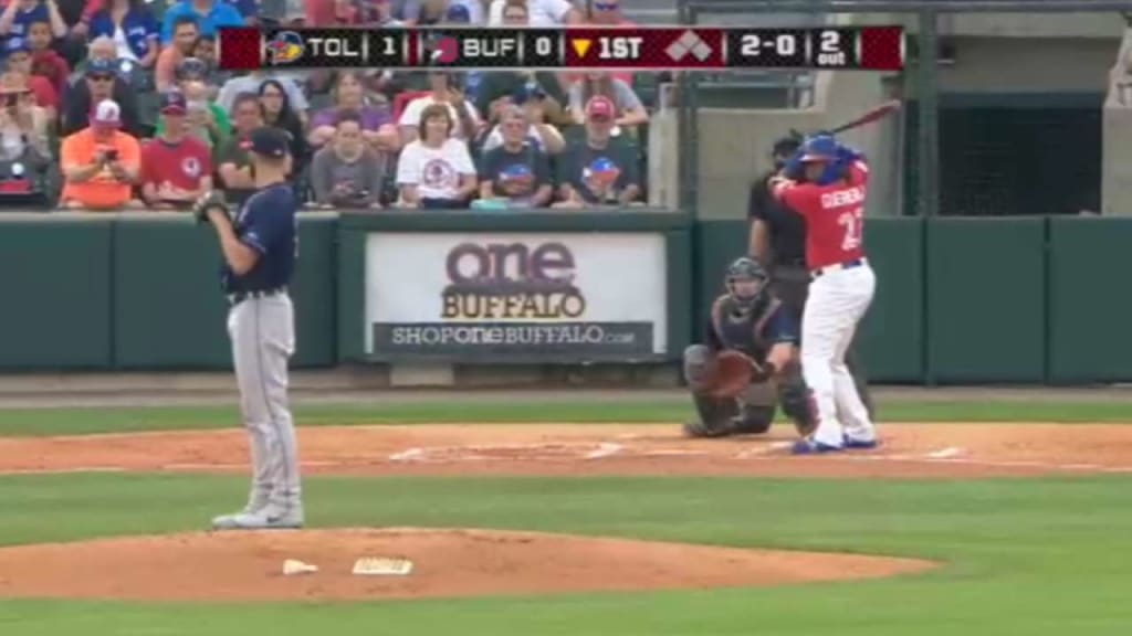 Buffalo Bisons third baseman Vladimir Guerrero Jr., right, looks