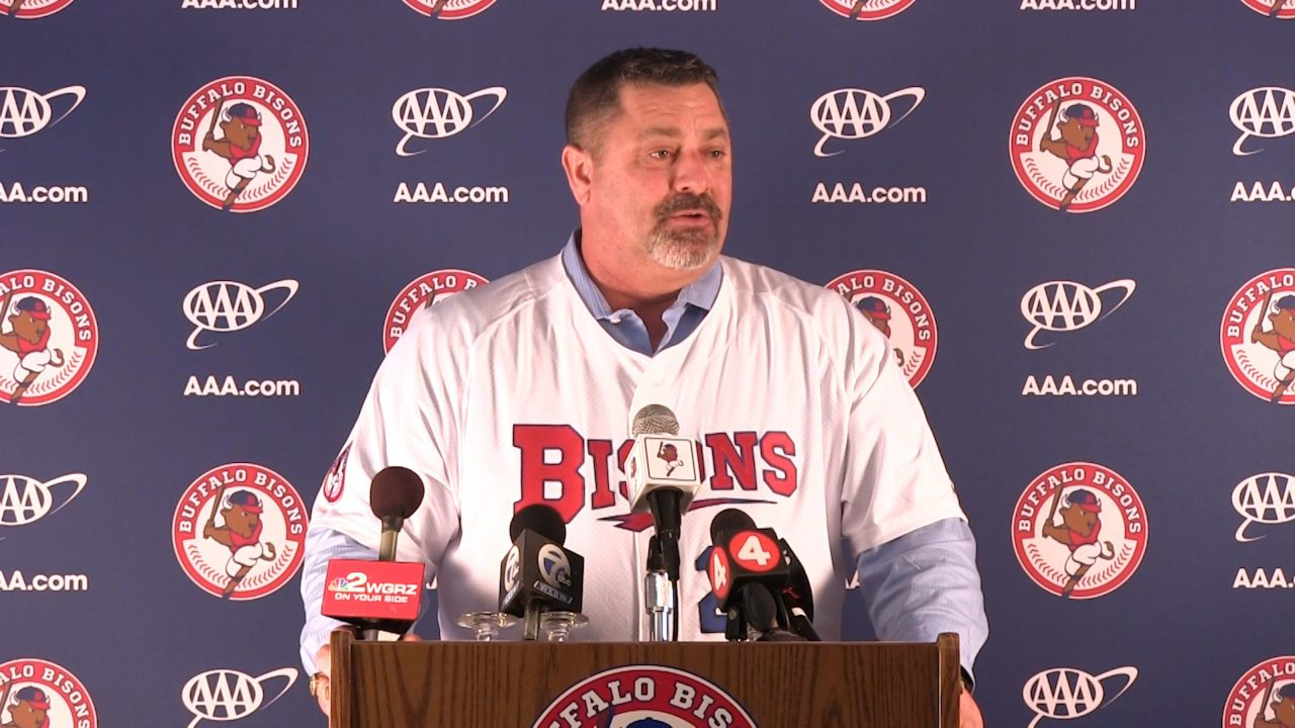 Buffalo Bisons new merchandise displayed during a press conference