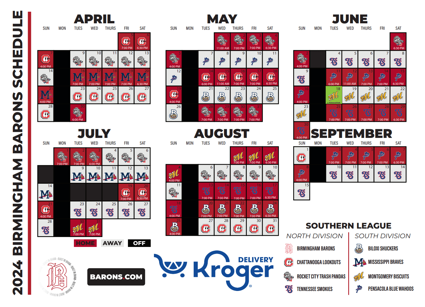 Birmingham Barons Schedule, Schedule