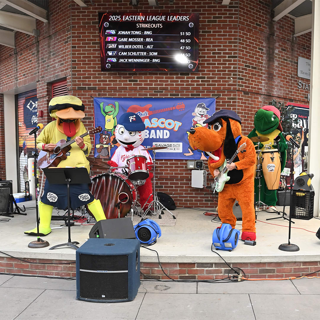 FEATURED GAME: R-Phils Mascot Band T-Shirt Celebrating 25 Seasons of the Mascot Band (K2000) - Ron Procopio Custom Guitars, Asher's Chocolate Co., Reading Fire Department Paramedics