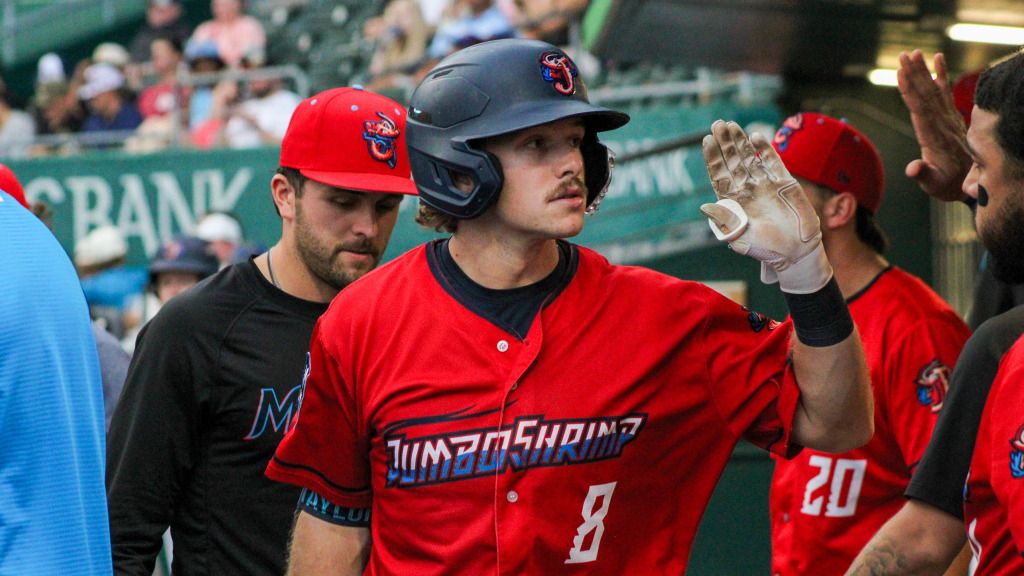 Brayden Taylor blasts a home run in Jacksonville's 6-1 win over the Nashville Sounds Wednesday night. (Skylar Catherwood/Jacksonville Jumbo Shrimp)