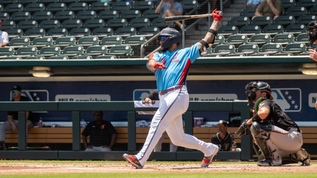 Agustín Ramírez cracked a two-run double on Tuesday at Nashville. (Wyatt Lucovsky/Jacksonville Jumbo Shrimp)