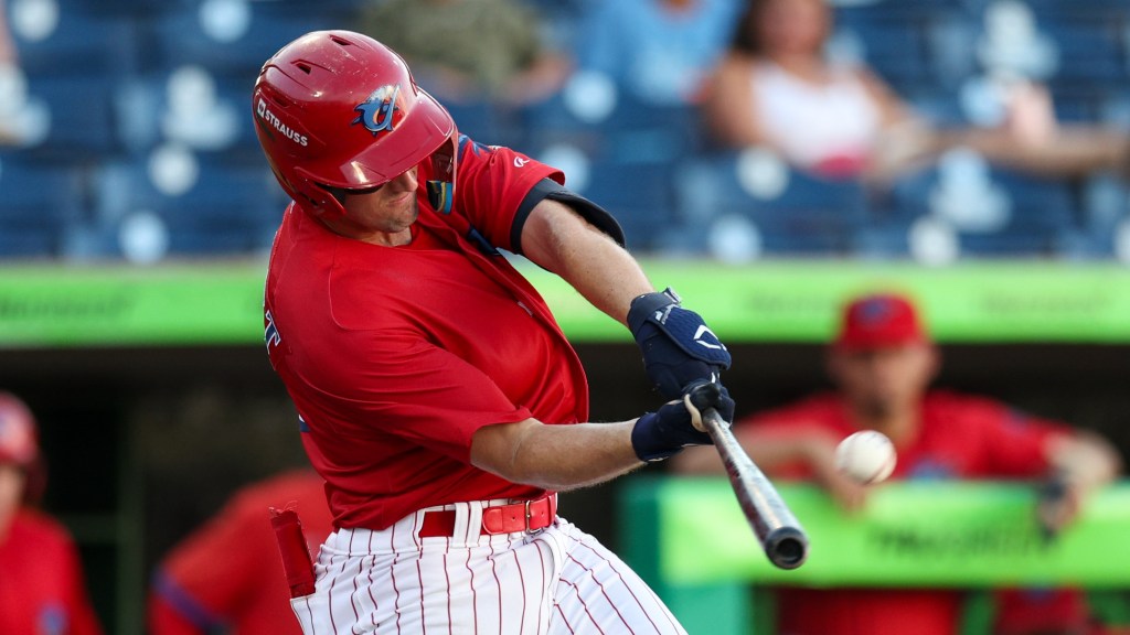 Phillies outfield prospect Jonathan Hogart connects on a pitch in a win for the Clearwater Threshers.