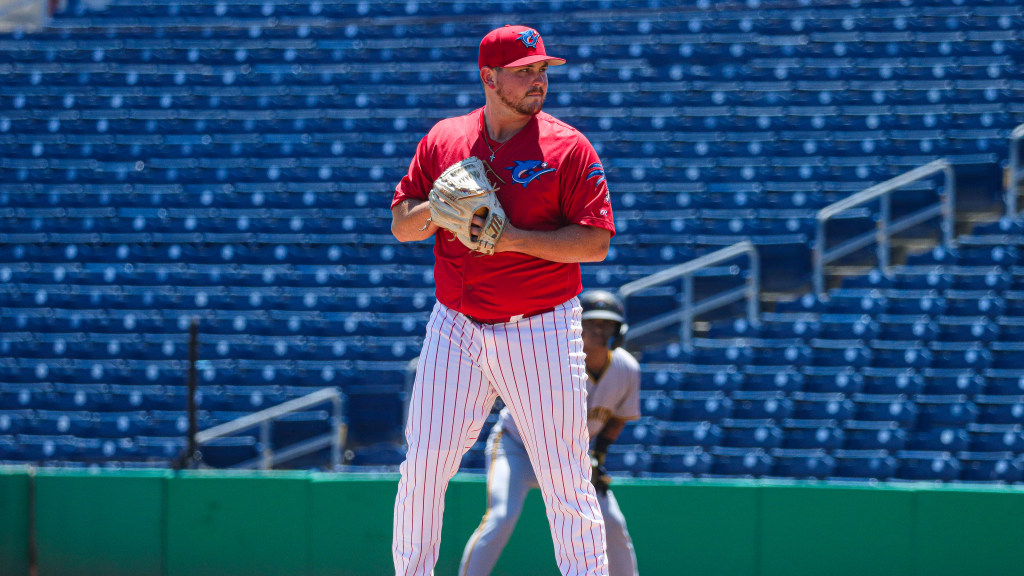 Phillies pitching prospect sets up for a pitch in a game for the Clearwater Threshers.