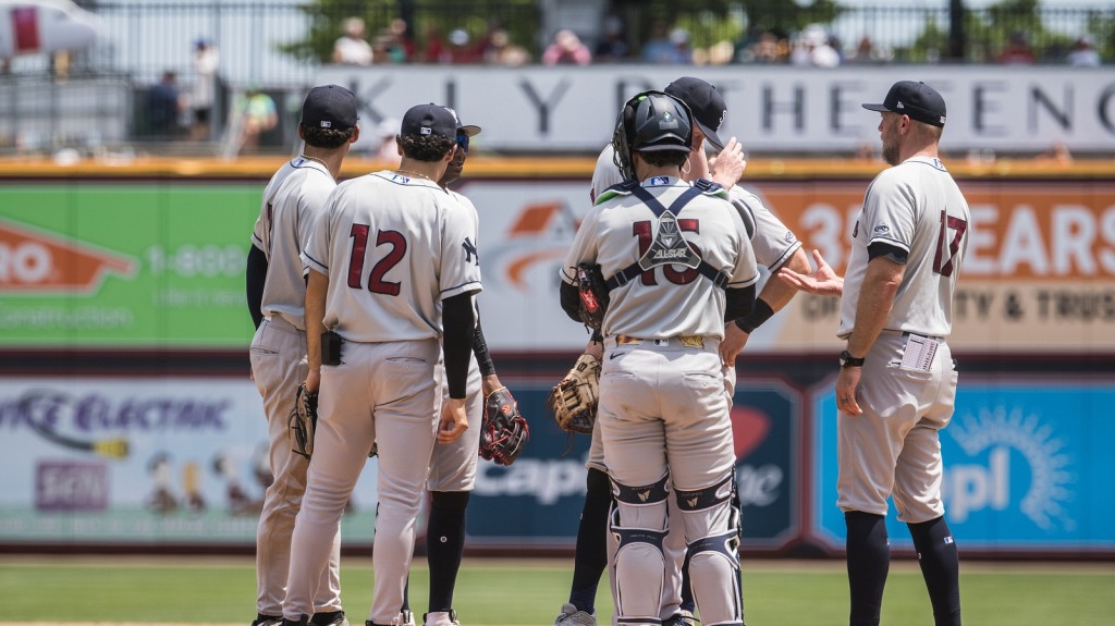 RailRiders game planning in the bottom of the ninth inning with Manager Shelley Duncan.