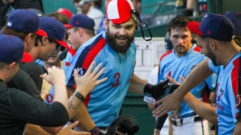Matthew Etzel crushes a two-run homer in Jacksonville's 12-2 win over Durham. (Skylar Catherwood/Jacksonville Jumbo Shrimp)