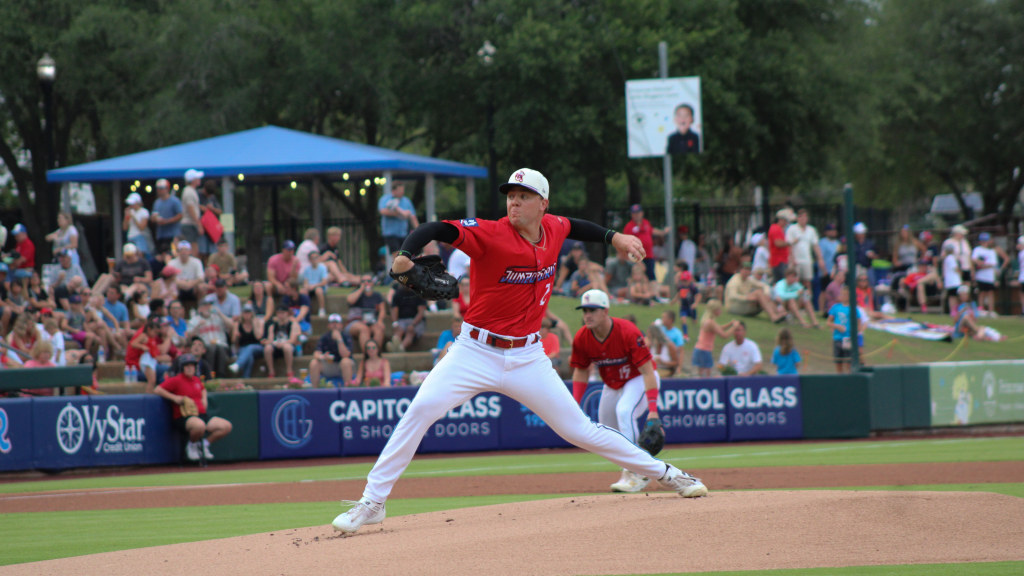 Patrick Monteverde ties a season-high with eight strikeouts in Jacksonville's win over Memphis Friday night. (Skylar Catherwood/Jacksonville Jumbo Shrimp)