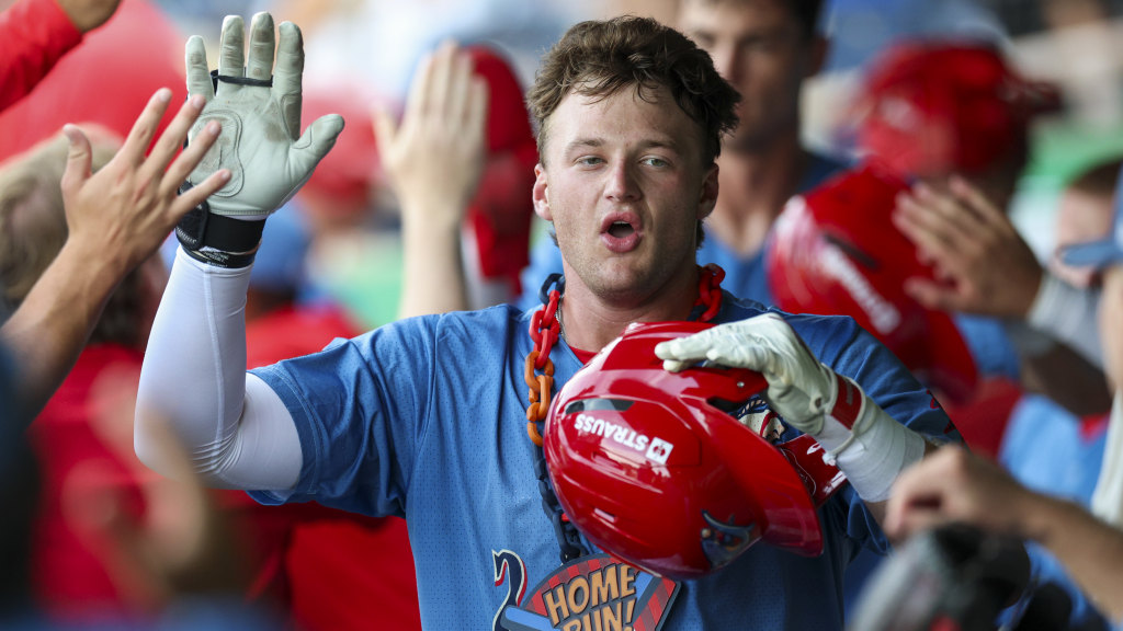 Phillies second-rounder Caden Bogenpohl celebrates his first professional home run with his Threshers teammates.