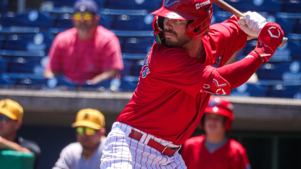 Nathan Humphreys waits on a pitch in a Threshers game at BayCare Ballpark