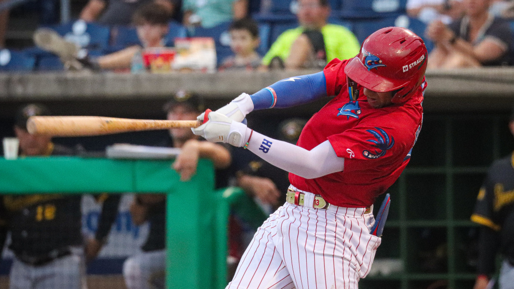 Phillies infield prospect Nolan Beltran connects on one of his three hits in a Threshers victory.