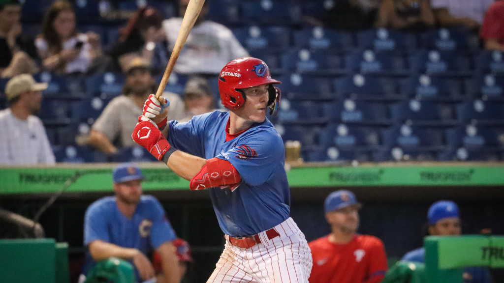 Phillies infield prospect Matthew Ferrara settles into the batter's box during a start for the Threshers.