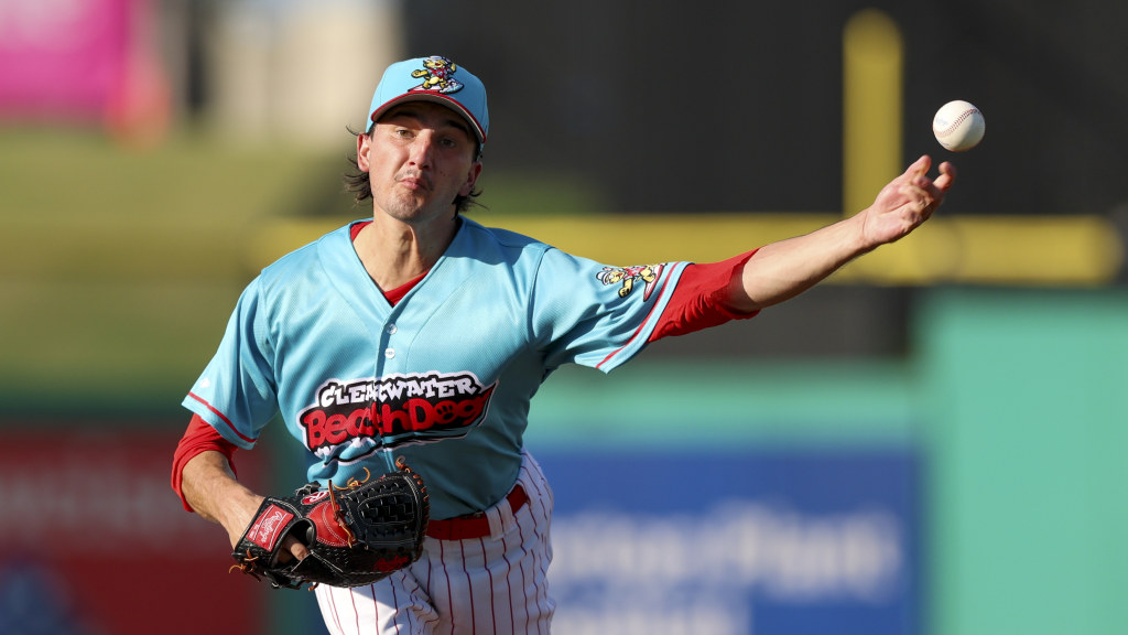 Phillies second-rounder Cade Obermueller fires home a pitching during a shutout start for the Beach Dogs at BayCare Ballpark.