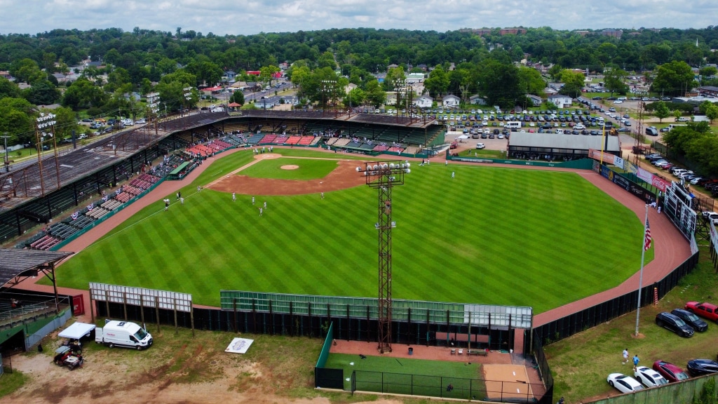 In a special drone photo captured by Nino Mendez, a look at Rickwood Field from above on May 27, 2026 for special game featuring Blue Wahoos.