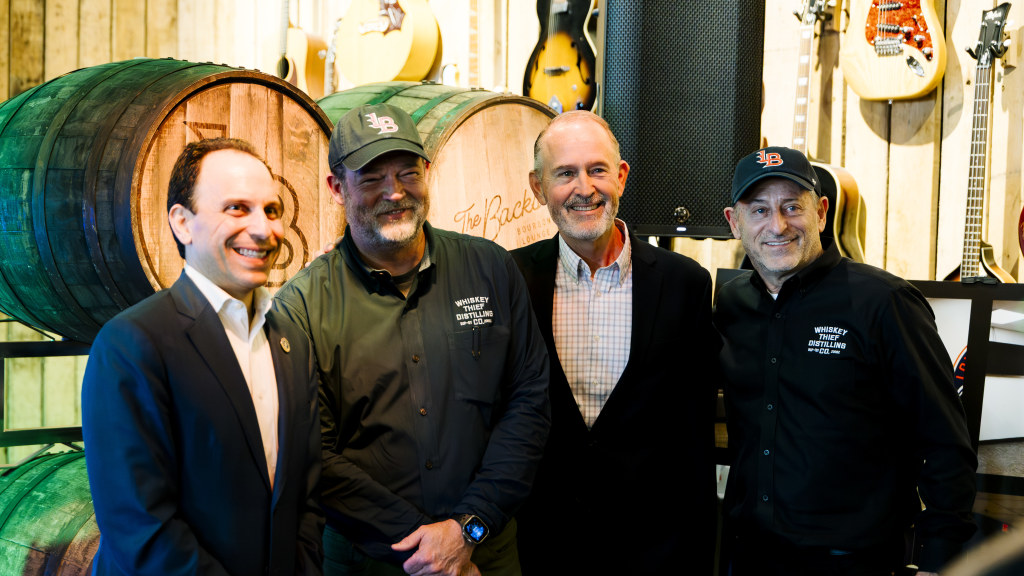 Louisville Mayor Craig Greenberg, Whiskey Thief CEO and Founder Walter Zausch, Bats President Greg Galiette, and Whiskey Thief CFO Jeffrey Markowitz announced the partnership at a press conference on Tuesday afternoon.