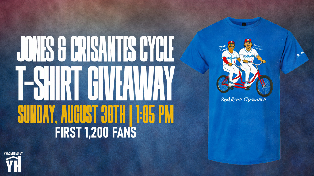 Official Amarillo Sod Poodles Soddies Cyclists giveaway graphic featuring Druw Jones and Demetrio Crisantes
