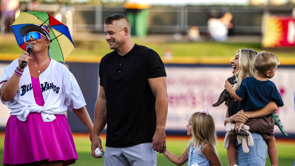 Former Blue Wahoos player and MLB outfielder Brian O'Grady was honored Sept. 12 at Blue Wahoos Stadium, joined by his wife, Delaney, and their two young children.