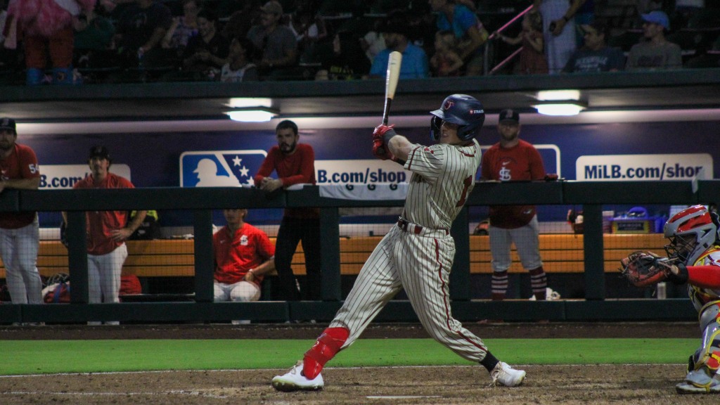 Ethan O'Donnell smacks a two-run go-ahead double in Jacksonville's 4-3 win over Memphis Saturday night. (Skylar Catherwood/Jacksonville Jumbo Shrimp)