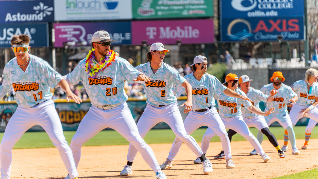 The Loco Beach Coconuts, who will be playing at Blue Wahoos Stadium as part of the Banana Ball World Tour 2027 perform at a game in 2026.