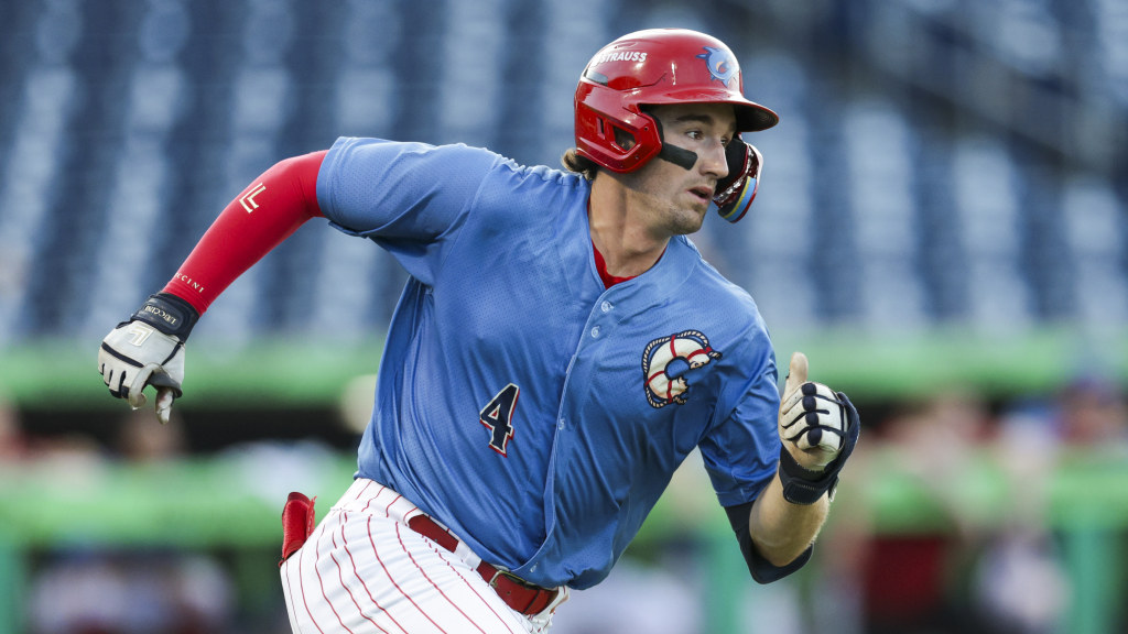 Phillies outfield prospect Jonathan Hogart heads around the bases after a hit for the Threshers.