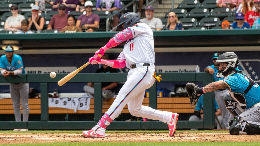 Maximo Acosta slugs a two-run home run in Jacksonville's 6-1 win over Charlotte. (Wyatt Lucovsky/Jacksonville Jumbo Shrimp)