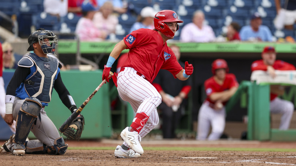Phillies non-drafted free agent Jack Hopko watches his first career hit sail into the outfield in a win for the Clearwater Threshers.