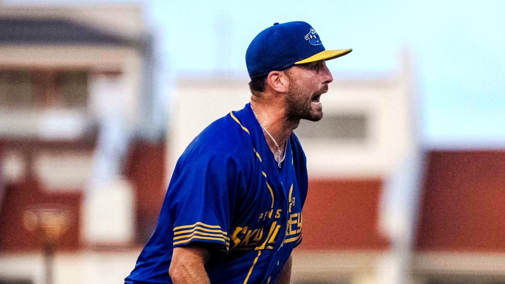 Blue Wahoos pitcher Alex Williams reacts to recording a big defensive play during his winning start on May 20 against the Columbus Clingstones.