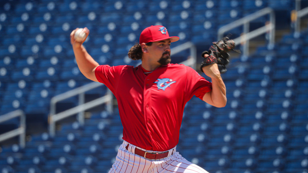 Phillies pitching prospect Marty Gair sends home a strike in an inning for the Threshers