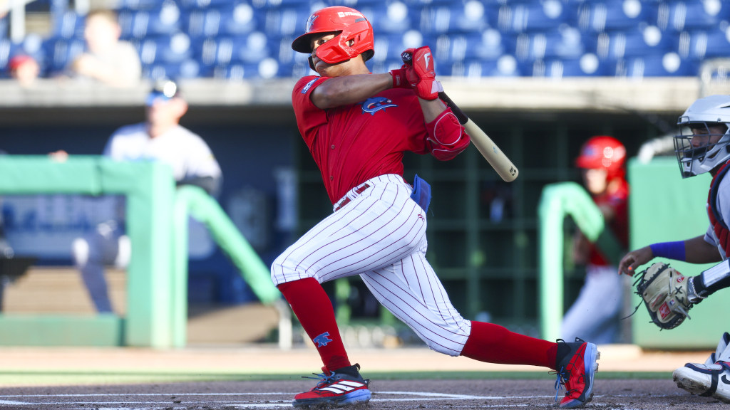 Phillies 19th-rounder Robert Phelps takes a swing during a start for the Threshers.