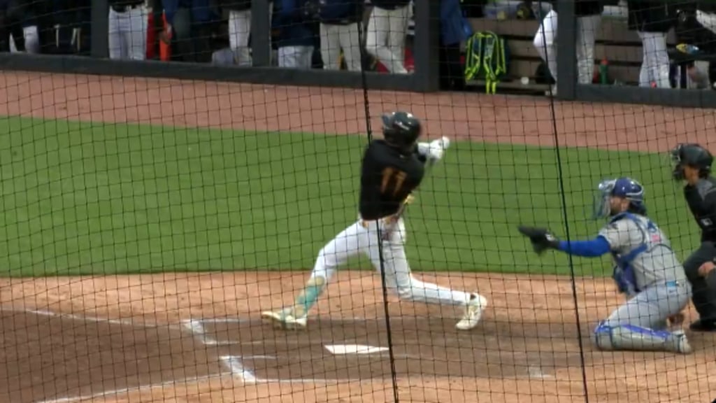 Andrew Fischer launches his fifth home run of the season in the first game of Thursday's doubleheader against the Quad Cities River Bandits on April 30, 2026.