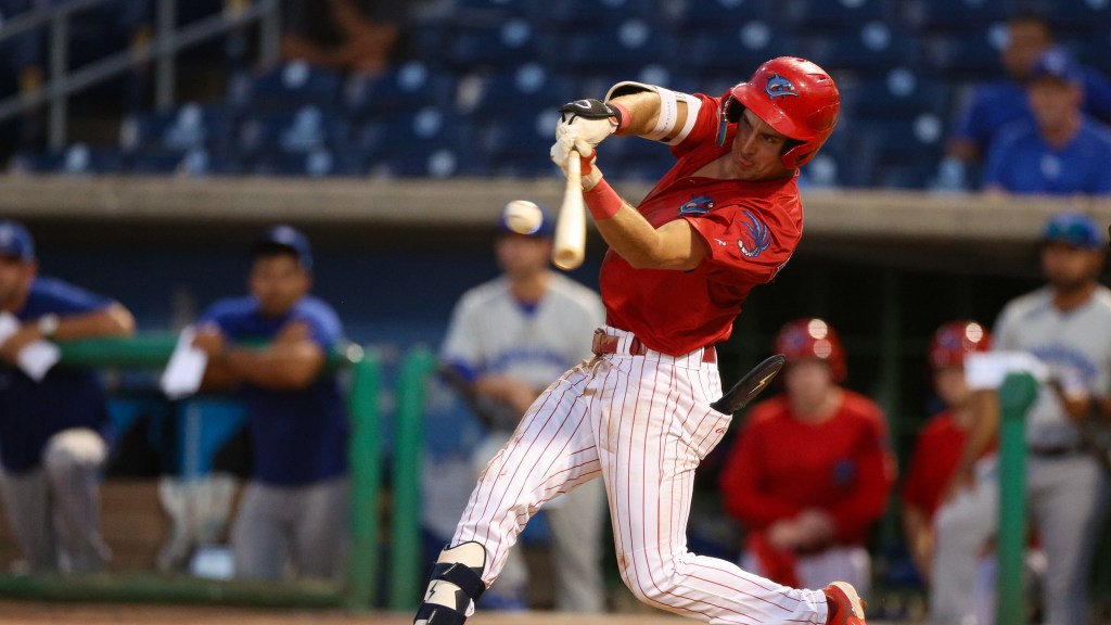 Phillies infield prospect Carson DeMartini connects on a hit during a start for the Clearwater Threshers.