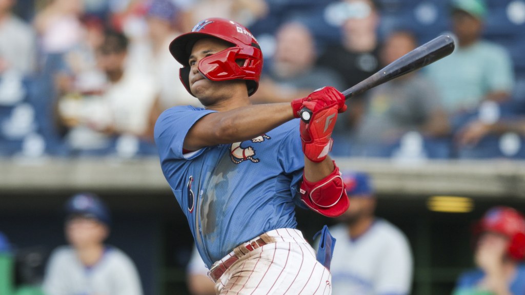 Phillies 19th-rounder Robert Phelps takes a swing during a win for the Clearwater Threshers.