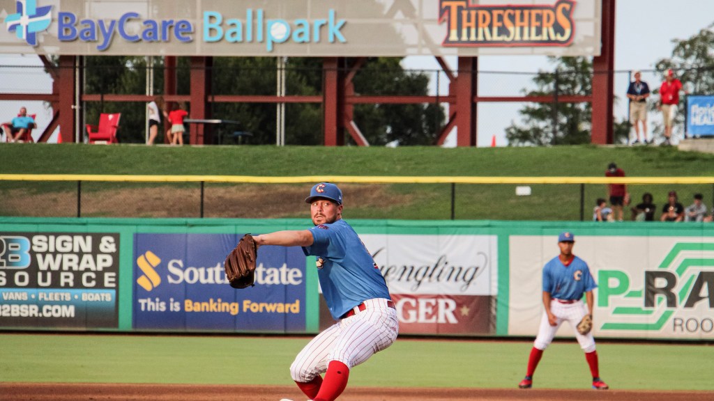 Phillies pitching prospect Ryan Degges fires in a strike during a rehab assignment with the Threshers.