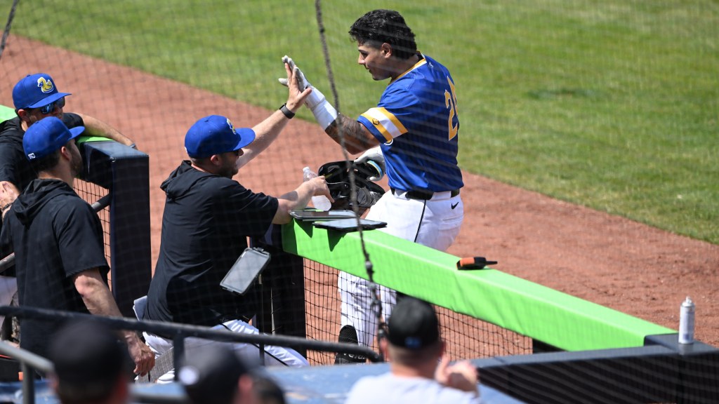 Ralphy Velazquez and RubberDucks hitting coach Jordan Becker high five after Velazquez's second home run of the game on May 17.