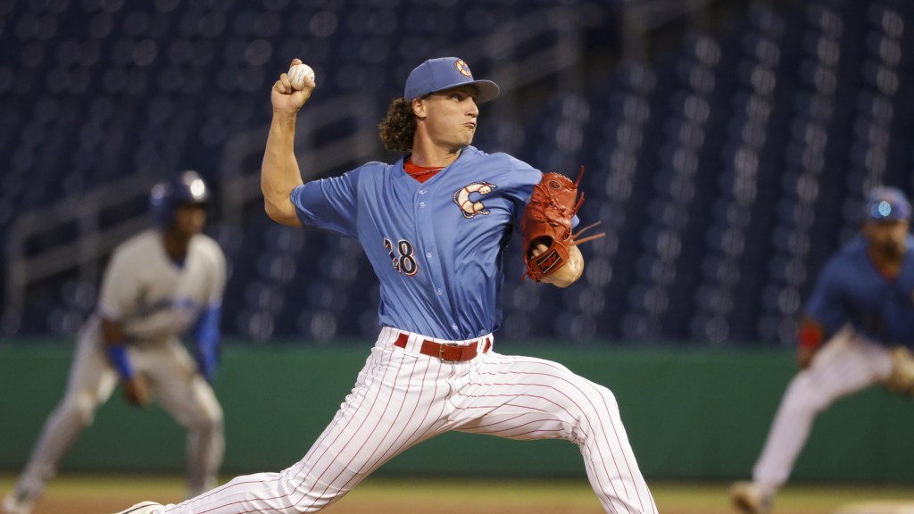 Phillies 12th-round pick Tyler Bowen sends in a strike in a Threshers win over Dunedin.