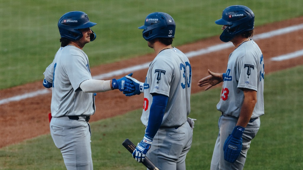 Jake Gelof is congratulated by Joe Vetrano and Kyle Nevin following his go-ahead home run in the sixth inning of Thursday's win in Amarillo.