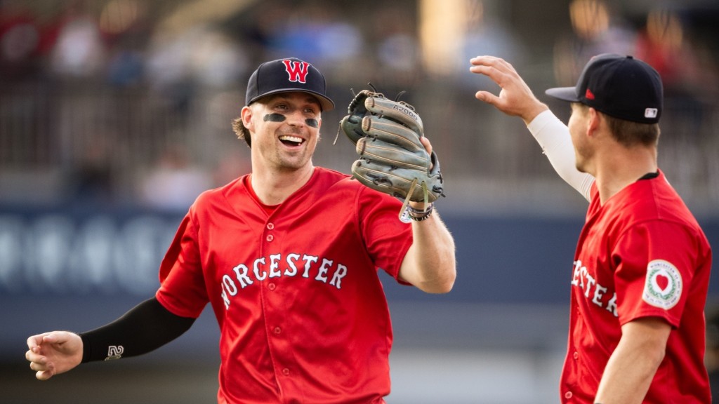 Worcester Red Sox SS Nick Sogard (smiling) and 2B Tyler McDonough celebrate after turning a triple play in Worcester’s 8-7 victory over the Rochester Red Wings on Thursday at Polar Park.