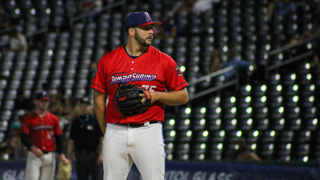 Jumbo Shrimp reliever Matt Pushard tossed 1.2 scoreless innings with two strikeouts Saturday night in Memphis. (Skylar Catherwood/Jacksonville Jumbo Shrimp)