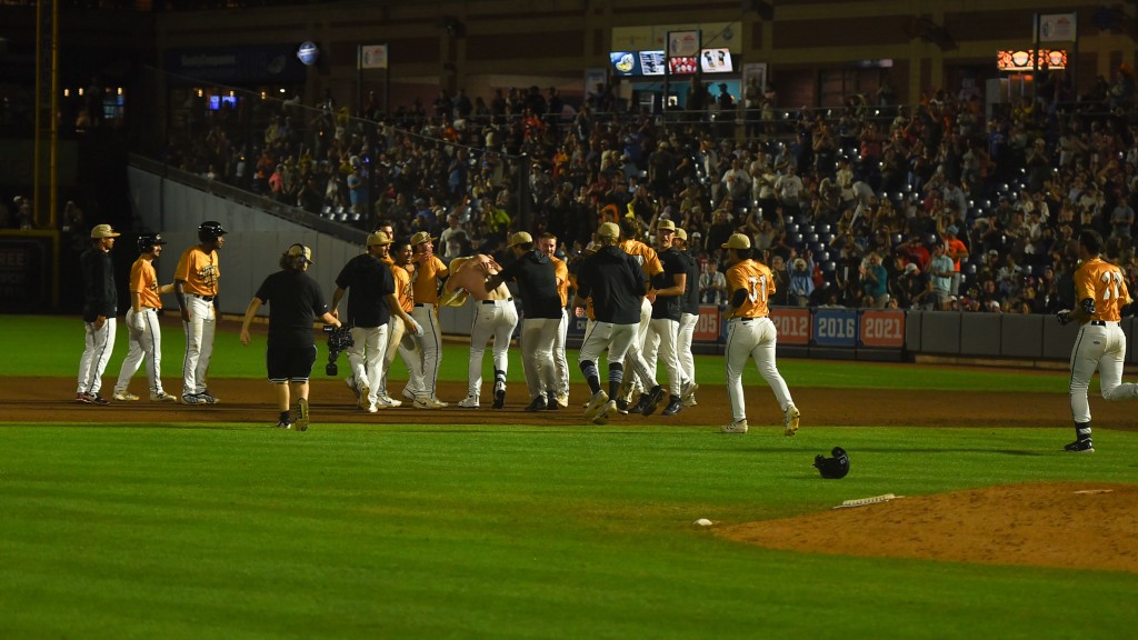 The Akron RubberDucks celebrate the walk-off win on Saturday night.