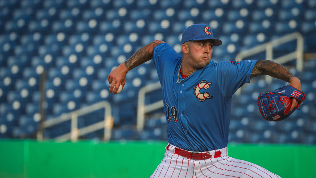Phillies pitching prospect Tanner Gresham fires home a pitch in a game for the Clearwater Threshers
