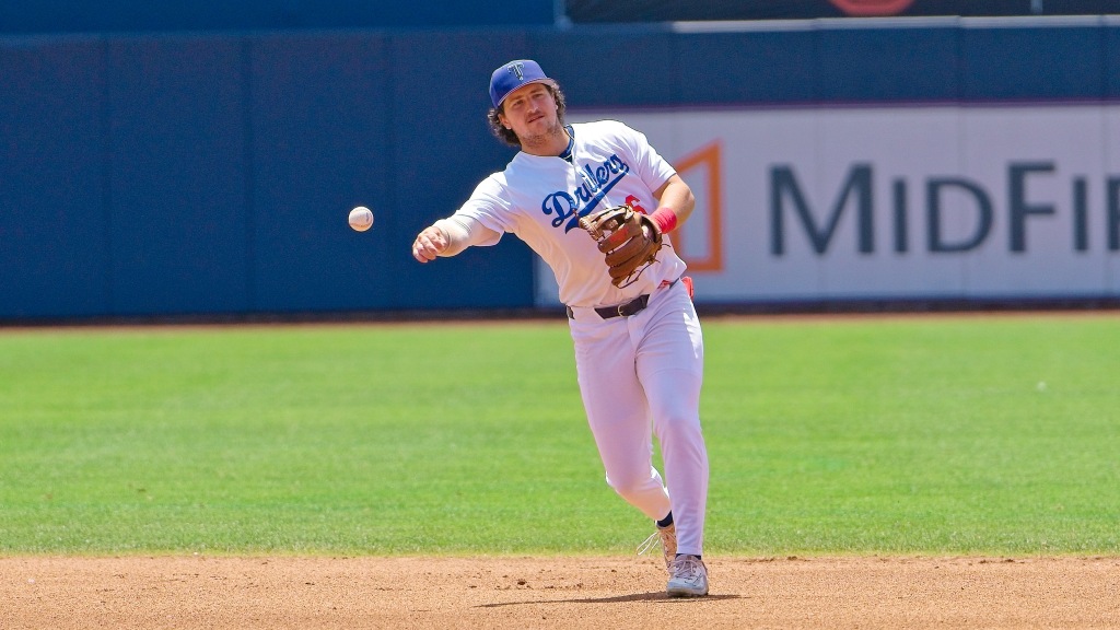 Jake Gelof makes a throw to first base during Wednesday's action, but his biggest contribution came at the plate. His tie-breaking homer gave the Drillers a ten-game home run streak and led them to a 5-2 win over Wichita at ONEOK Field.