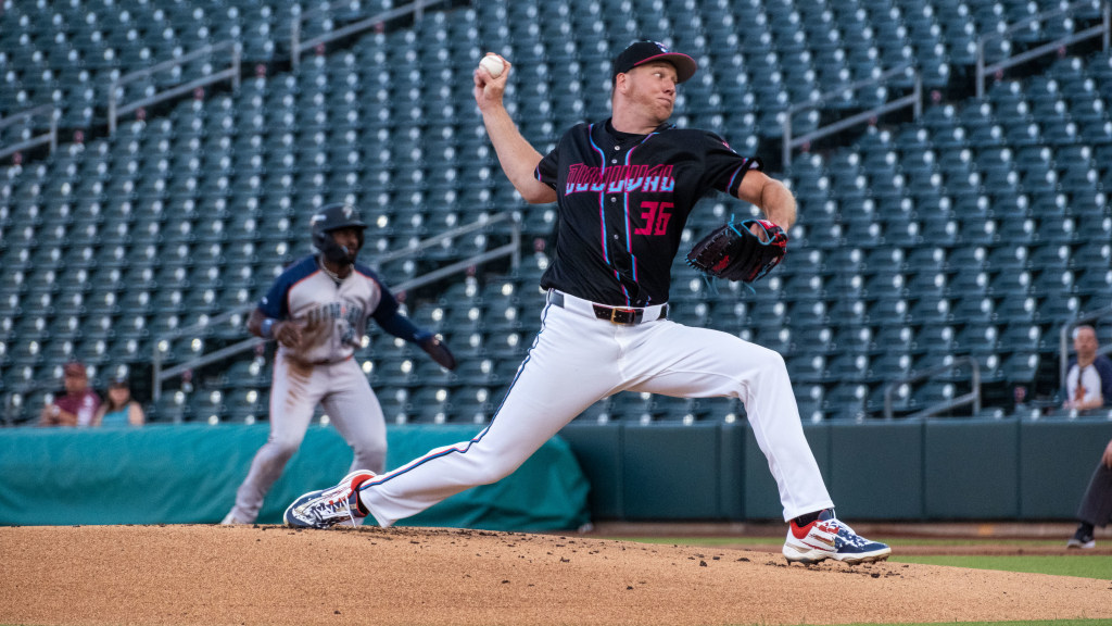 Ryan Gusto struck out 10 batters in 7.0 strong innings on Saturday at Memphis. (Wyatt Lucovsky/Jacksonville Jumbo Shrimp)