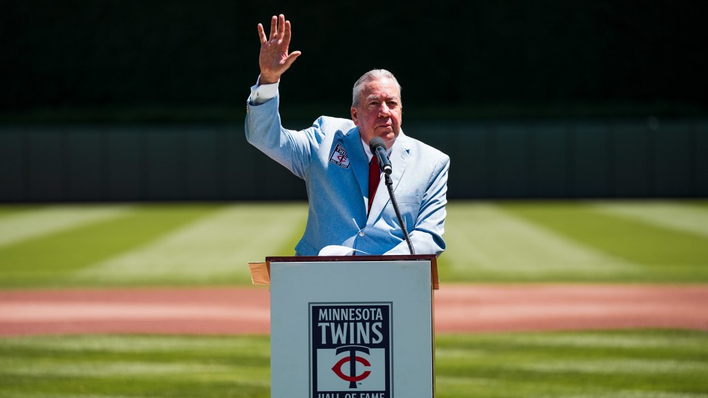 Dick Bremer, father of Blue Wahoos broadcaster Erik Bremer, acknowledges the crowd on July 11 at Target Field after his induction into the Minnesota Twins Hall of Fame.