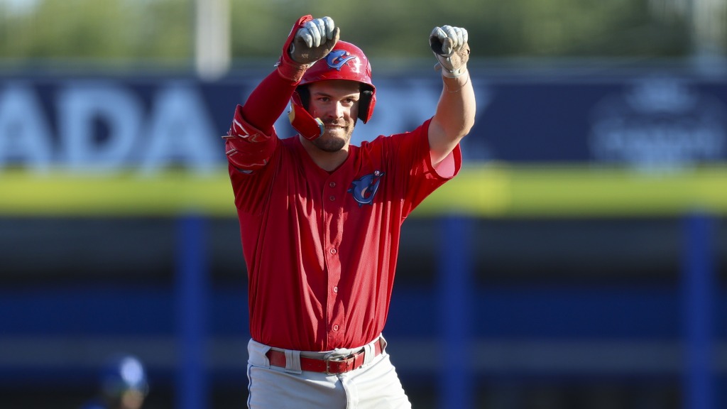 Nathan Humphreys celebrates a double for the Threshers