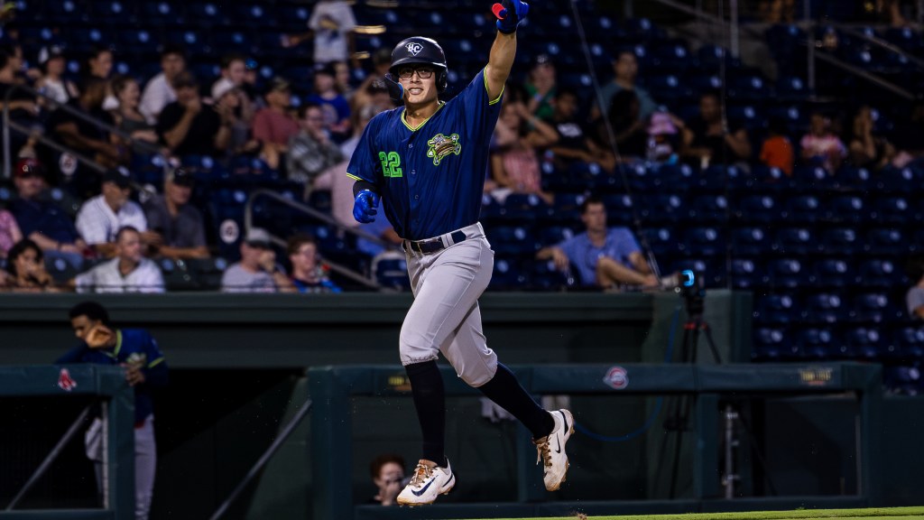 Antonis Macias celebrates his two-run homer at Fluor Field.