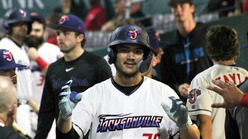 Jonathon Long hammered two home runs in Saturday's win, his first multi-homer game in his Marlins organizational career. (Skylar Catherwood/Jacksonville Jumbo Shrimp)