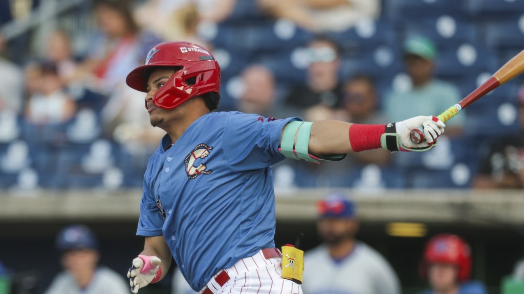 Phillies prospect Jaeden Calderon takes a swing during a game with the Clearwater Threshers.