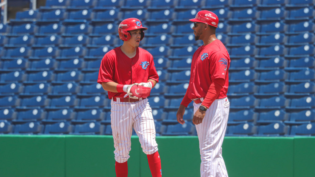 Phillies infield prospect  Juan Villavicencio stands on first base after a hit for the Threshers.