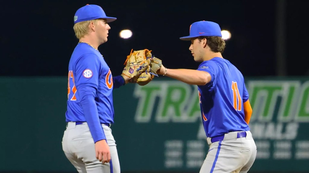 Florida Gators shortstop Brendan Lawson, right, the No. 1 rated prospect by Baseball America and No. 16 rated pitcher Aidan King, left, are two of six Top 100 players in Saturday's Florid-Troy Game at Blue Wahoos Stadium.