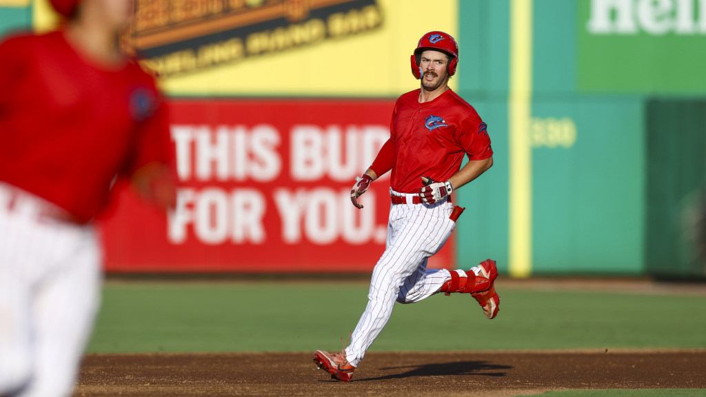 Phillies outfield prospect Nathan Humphreys runs to second base after driving in a run for the Clearwater Threshers.